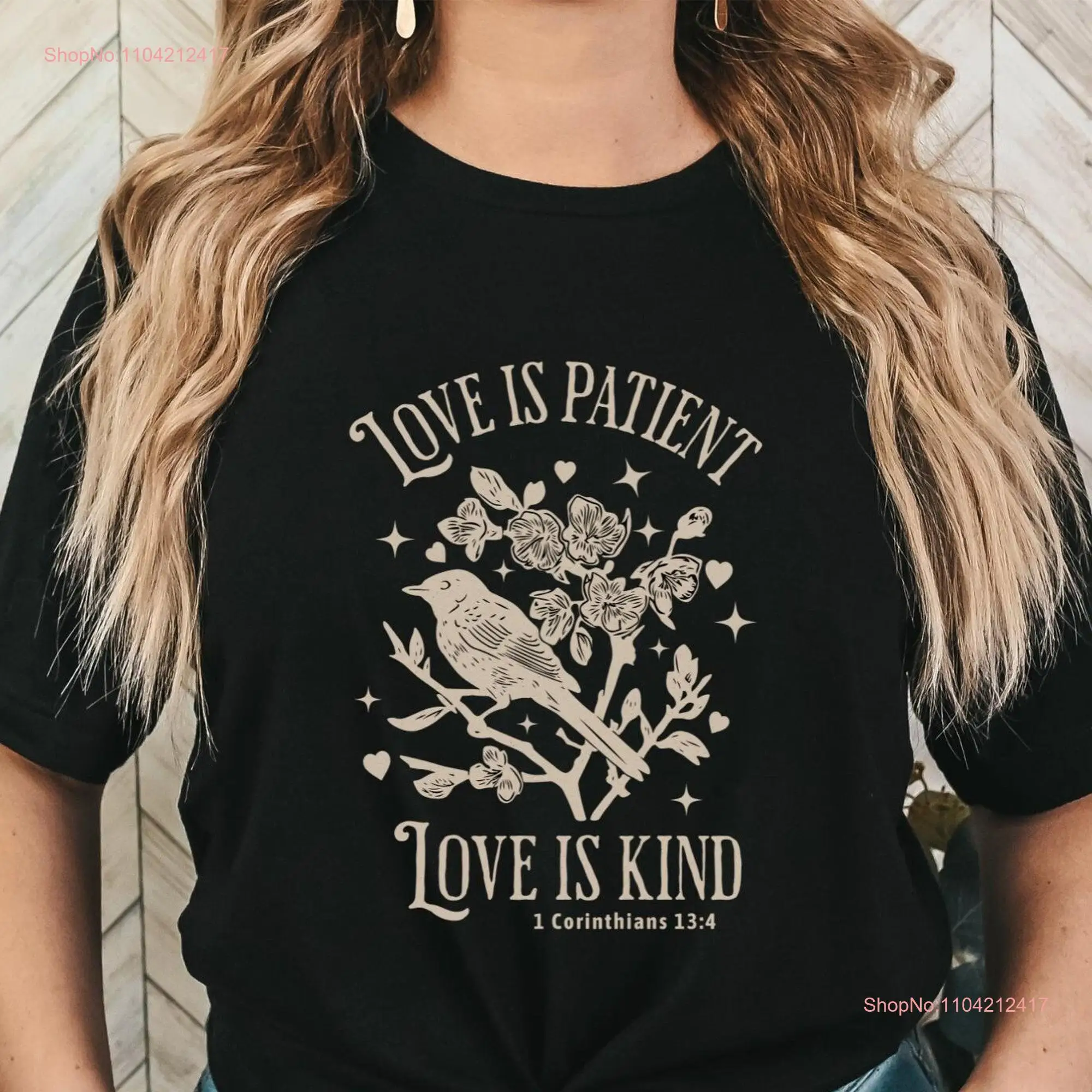 Love Is Patient Kind T Shirt 1 Corinthians 13 4 for Christian or Catholic Woman Scripture  long or short sleeves