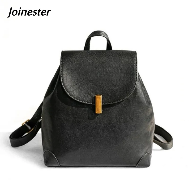 Classic Pure Color Genuine Leather Flap Backpack Fashionable Functional Commuting Bag College Style Daypack for Girls