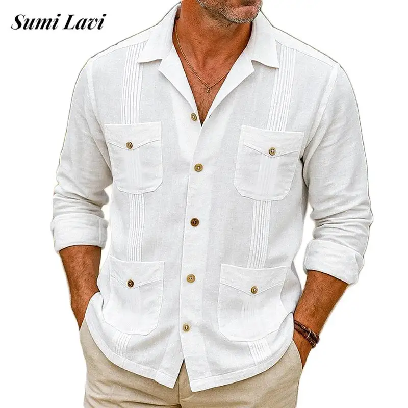 

2025 Summer New Casual Mens Linen Shirts Long Sleeve Loose Breathable Shirt Vintage Turn-down Collar Buttoned Men Shirt Cardigan