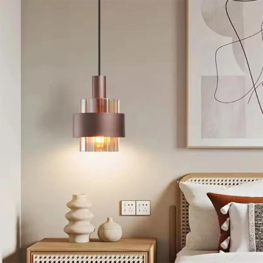 2PCS Modern Chandeliers E27 Amber Glass pendant light Bronze colored lamps body suspended decoration hotel home pendant lightsli
