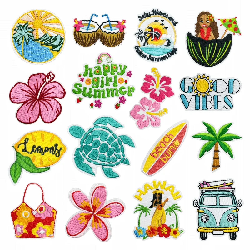 yZ[zSummer Hot Hawaii Beach Flower Sun Bus Iron-on Sew Embroidery Badge Patches DIY T-shirt Hat Backpack Clothing Appliques Sticker