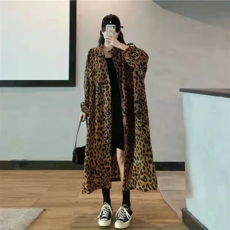 Spring Autumn Fashion Women\'s Thin Leopard Print Zipper Long Coat