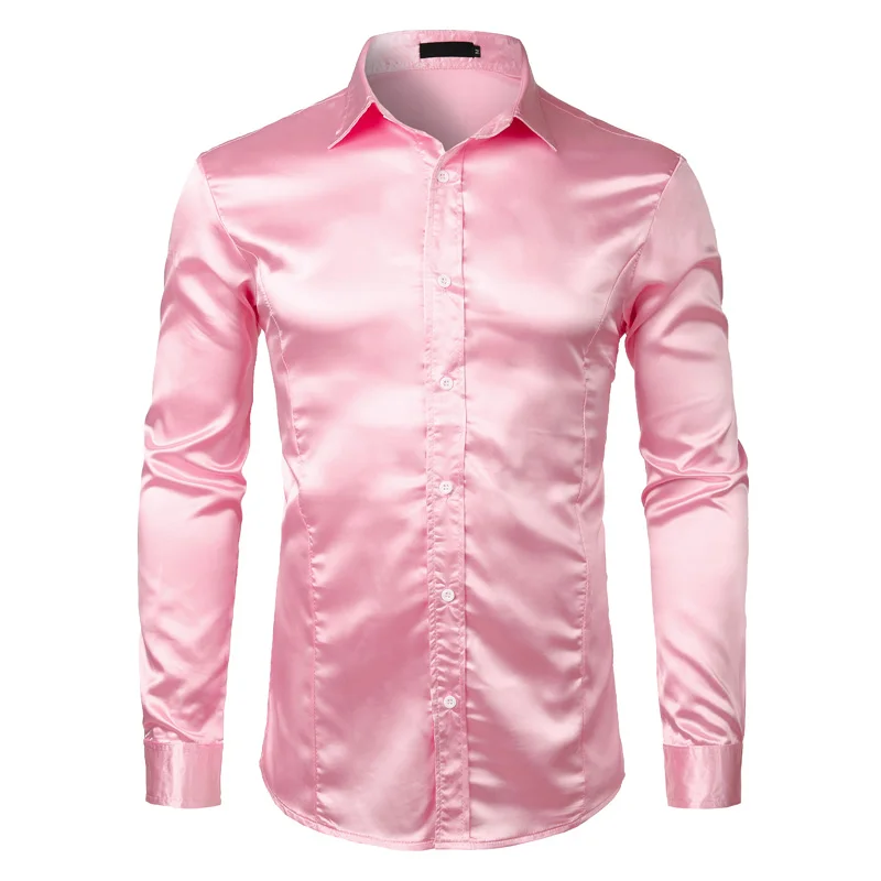 Silk Satin Shirt Men Autumn Long Sleeve Mens Dress Shirts Shiny Smooth Solid Color Camisa Masculina Slim Fit Mariage Chemise XXL