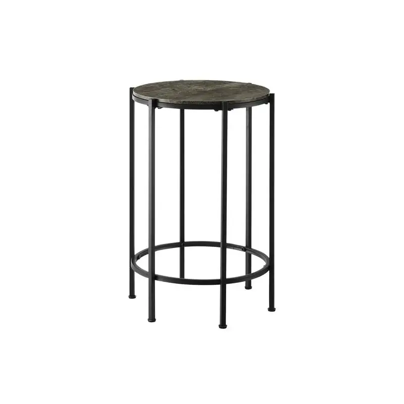 Round Accent End Side Table, Small Nightstand with Lamp, Dark Bronze Laminate & Black Metal, Contemporary Design for Living