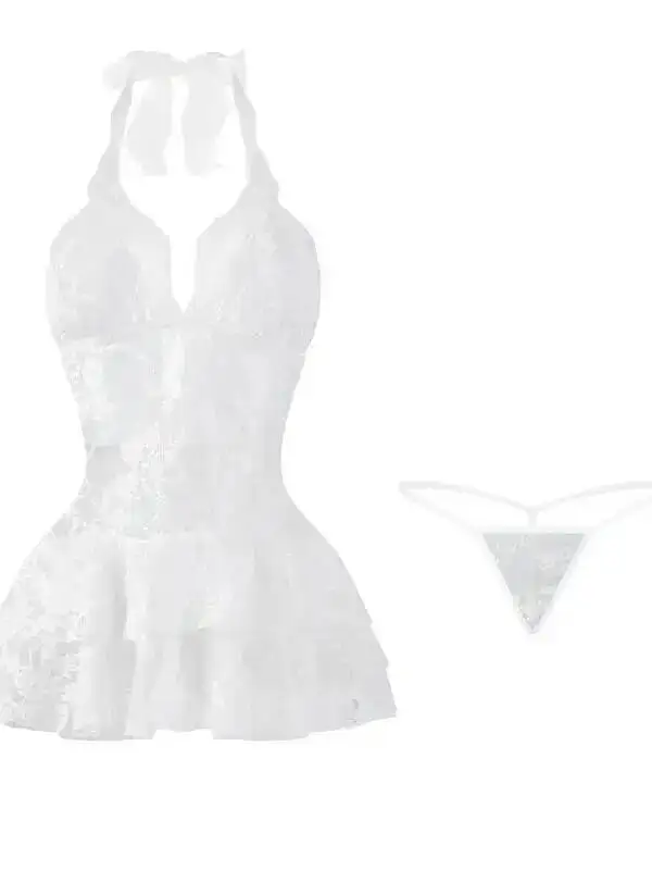 Pure Desire Casaul セクシーな女性のセクシーなホルターネックシアーレースパフ透明ドレス V ネック美しいパジャマドレスエレガント NPDF