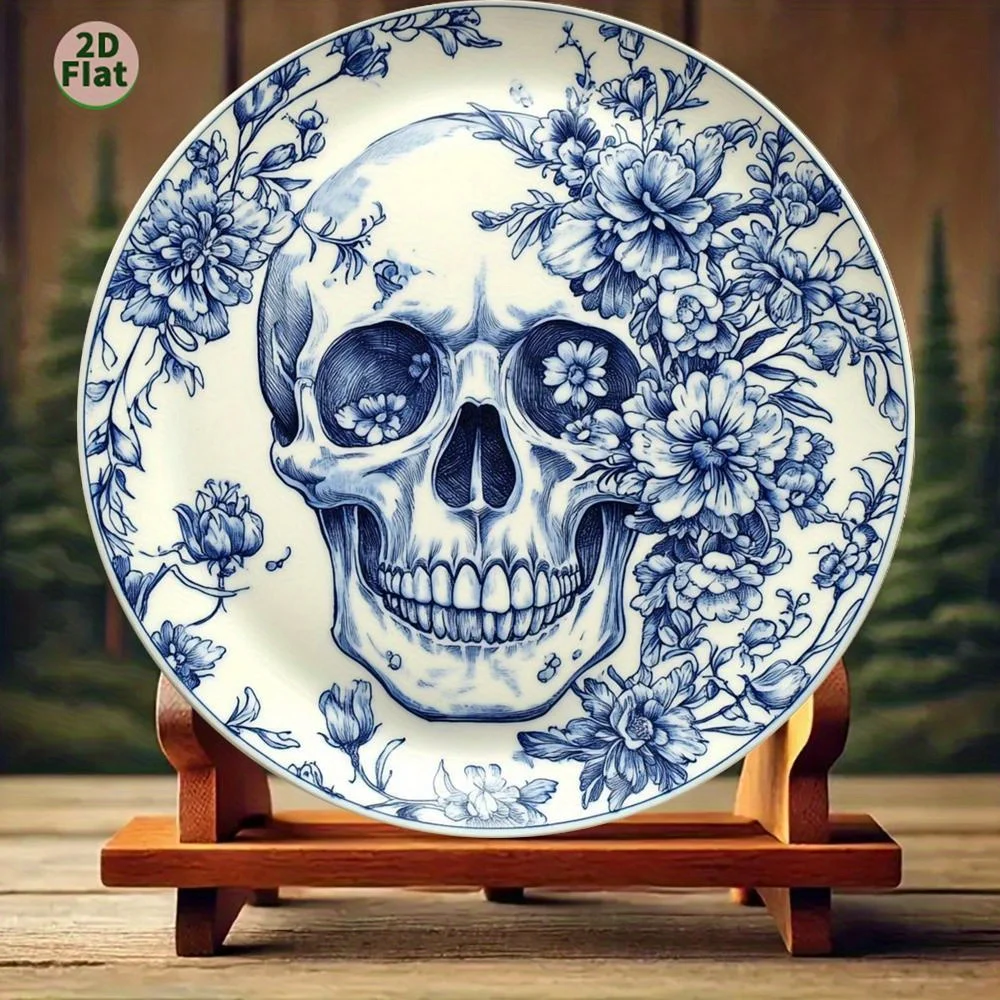 Vintage Delft Blue White Skull Floral Aluminum Wall Art Waterproof Durable Metal Sign For Home Bathroom Kitchen Bedroom Decor