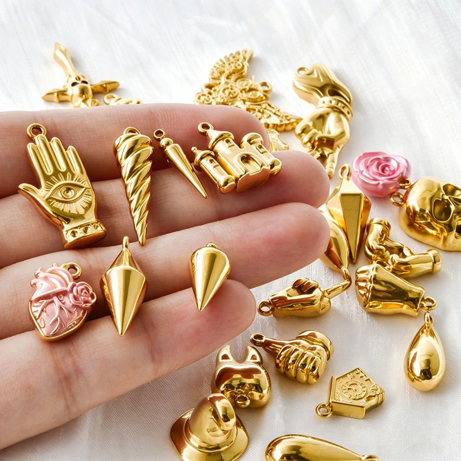 6pcs 18K Real Gold Plated Steampunk Pendant DIY Stainless Steel Skull Heart Motorcycle Bulk Charms For Jewelry Making Keychains