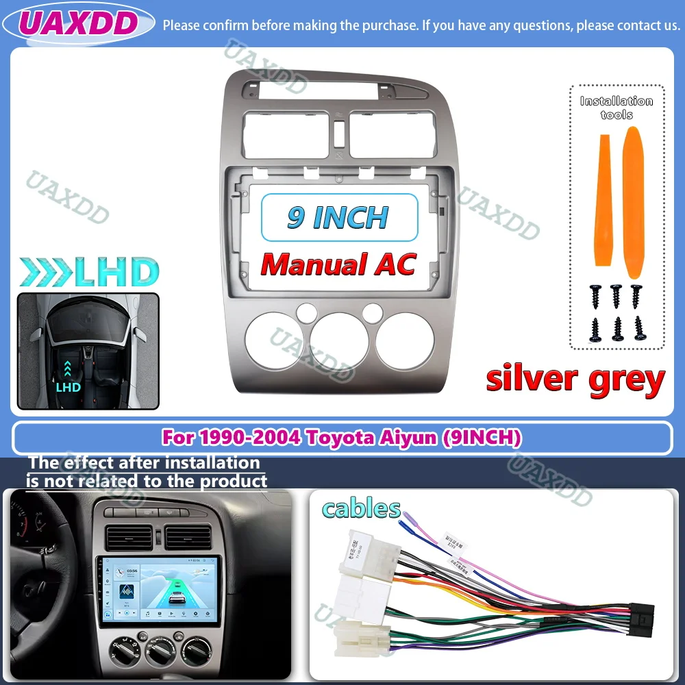 2 Din Car Frame Radio Android For 1990-2004 Toyota Avensis 9 Inch LHD Silvery Gray MANUAL AC Kit Panel Center Fascia Cable Video