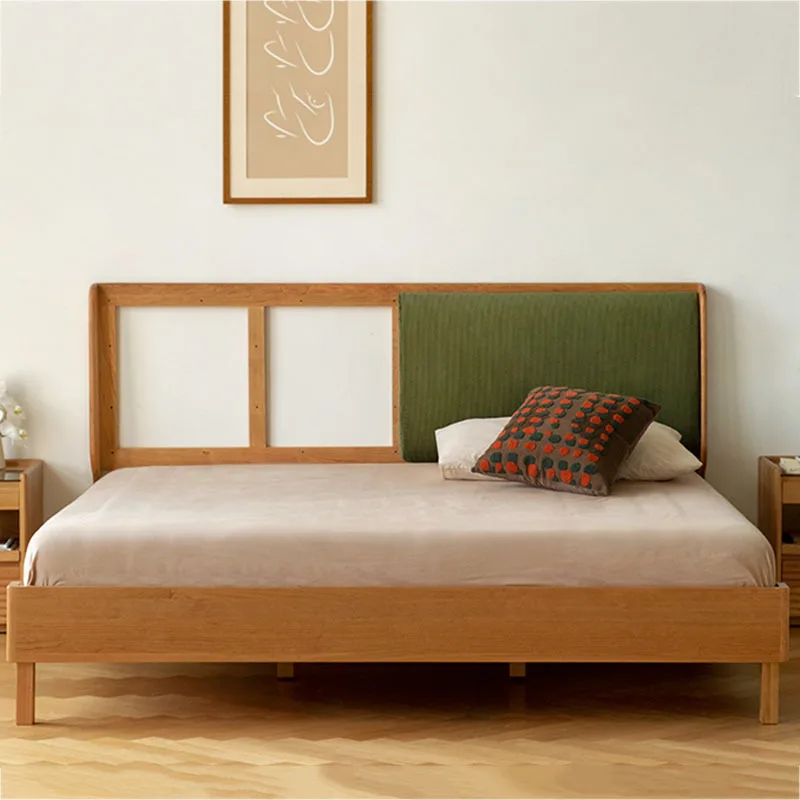 

Nordic cherry wood upholstered bed, Japanese style minimalist solid wood bedroom furniture, bedroom single or double vintage bed