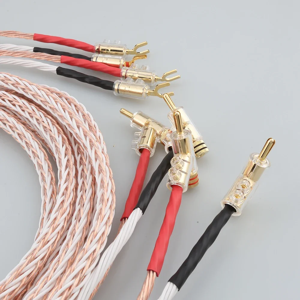 

New Audio Hi-end DIY HIFI Gold Rhodium Plated Y shape to banana plug 8TC 16 core speaker cable Cord Wire pair sale