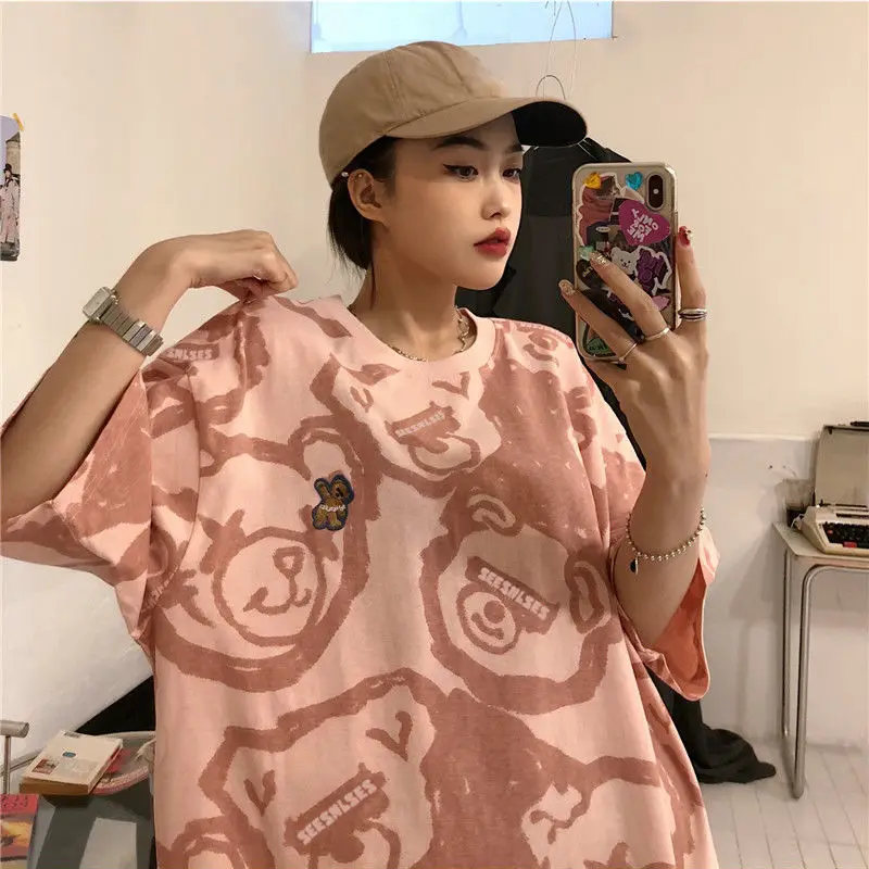 

Korean extra large size bear short-sleeved t-shirt for women loose Korean style ins trendy Harajuku style bf half-sleeved tops