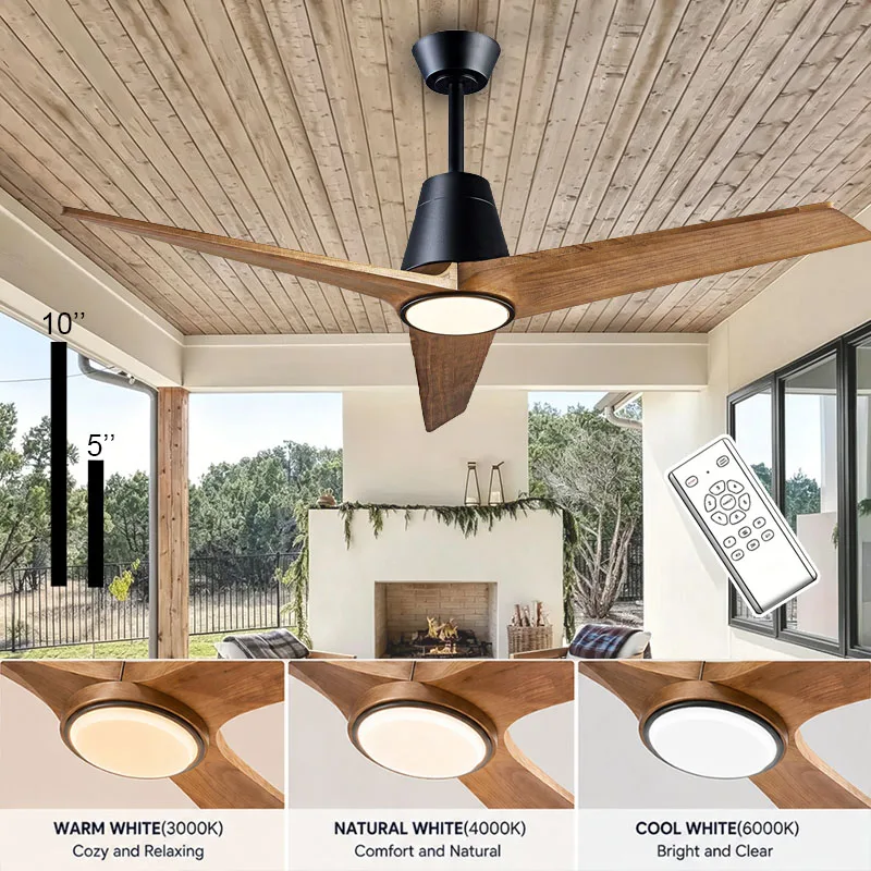 52 inch natural wood ceiling fan light remote control silent DC fan three color LED dimmable ceiling fan light for home