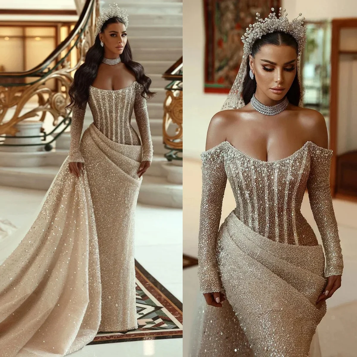 

Elegant Champagne Mermaid Bride Dress Off Shoulder Beaded Lace Wedding Dress Tight corset Shining Wedding Formal DressCustomized