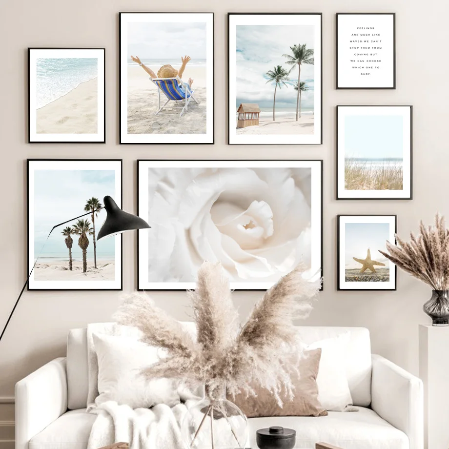 Palm Beach Waves Sunbathing Starfish Weed Flower Wall Art Prints Canvas Painting Nordic Poster Decor Pictures For Living Room