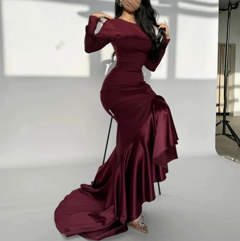 Long Burgundy Prom Dresses Elegant Mermaid Evening Dresses Long Sleeve Crepe Round Neck Formal Party Gown For Special Events