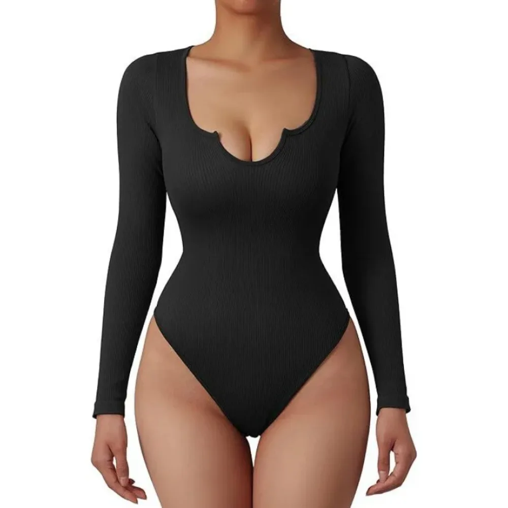 

Women's Ribbed Long-sleeved Jumpsuit with V-neck and Tight Fit