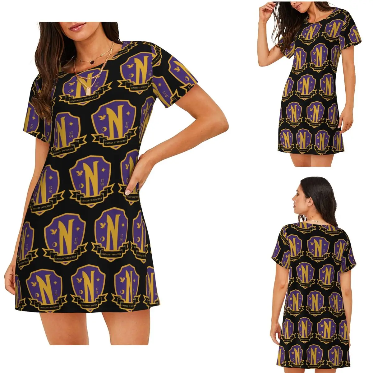 Custom Nevermore Academy Crest (clean) Short Sleeves Nightdress For Sleepshirts Women Short Sleeve Nightgowns Loose Pajama Dress