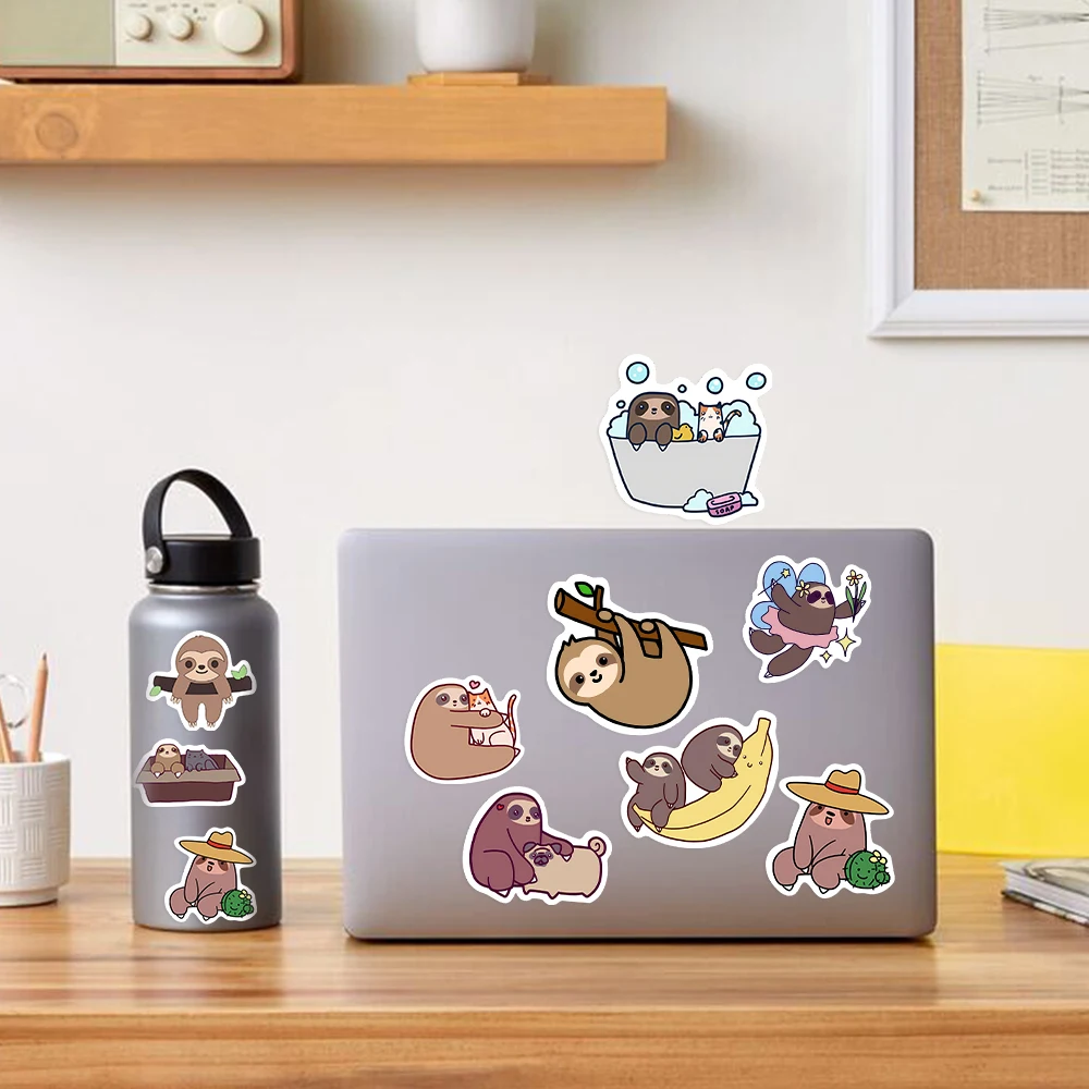 10/25/50PCS Cute Sloth Animal Cartoon Stickers for Laptop Luggage Phone Scooter Funny Vinyl Decal for Kids Girl Children Gift