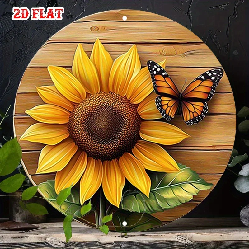 2D Flat, 2D Flat 1pc Yellow Bloom Round Aluminum Sign, Nature Scene Metal Sign, Butterfly 7.8X7.8Round Aluminum Sign - Sunflow