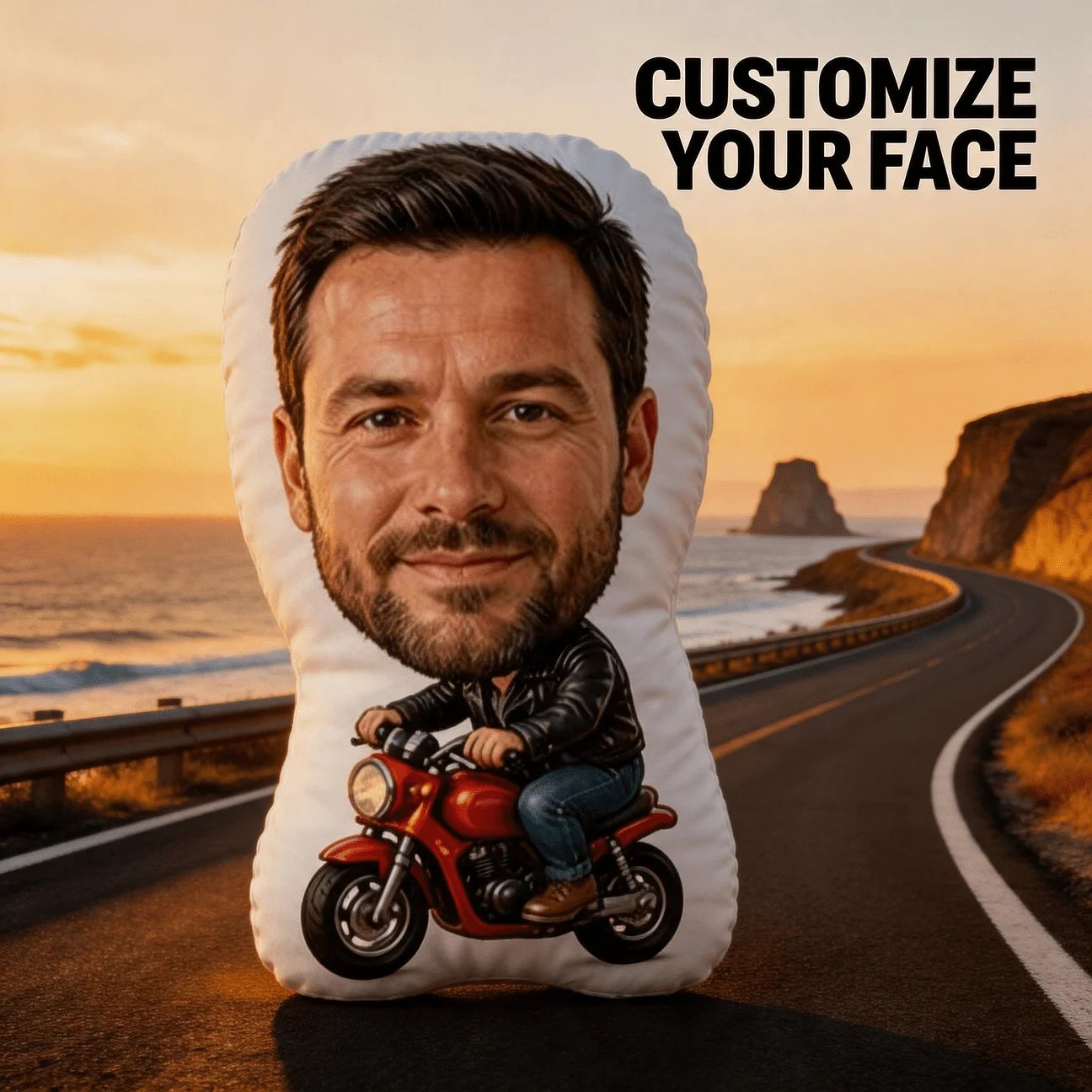 Custom Personalized Photo Face Pillow, for Man Riding Red Motorcycle Custom Shaped Decorative Cushion, Unique Home Decor Accent