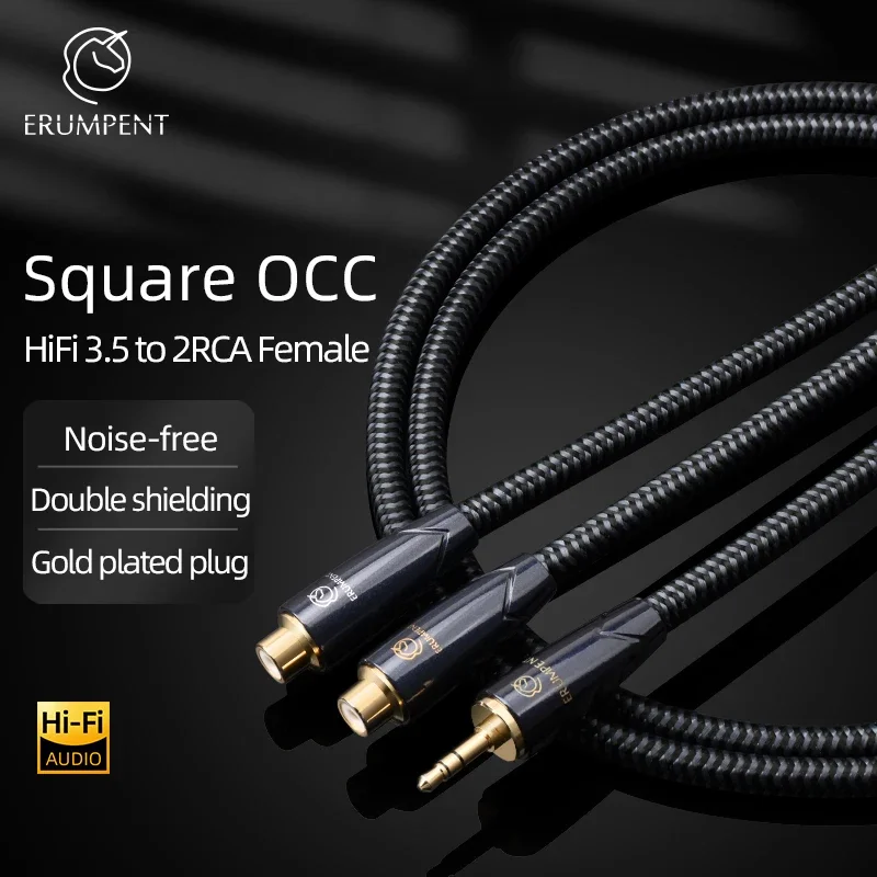 HiFi 3.5 to 2RCA Cable High-end Square OCC Gold Plated Plug Stereo 3.5mm Jack to 2RCA Female Audio Cable for Computer Speaker