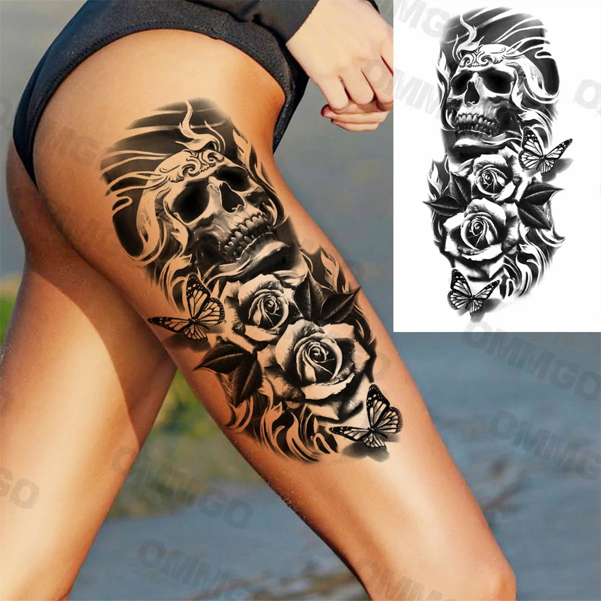 Realistic Lion Rose Flower Temporary Tattoos For Women Adult Girl Compass Skull Fake Tattoo Arm Thigh Body Art Waterproof Tatoos