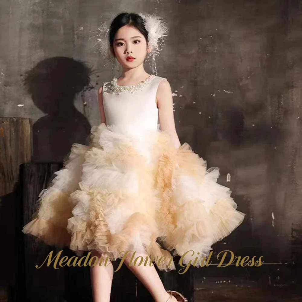 Meadow Champagne Ombre Kids Birthday Party Dress Round Neck Pageant Dress for Girl Heart Cut Out Lace Up First Communion Gown