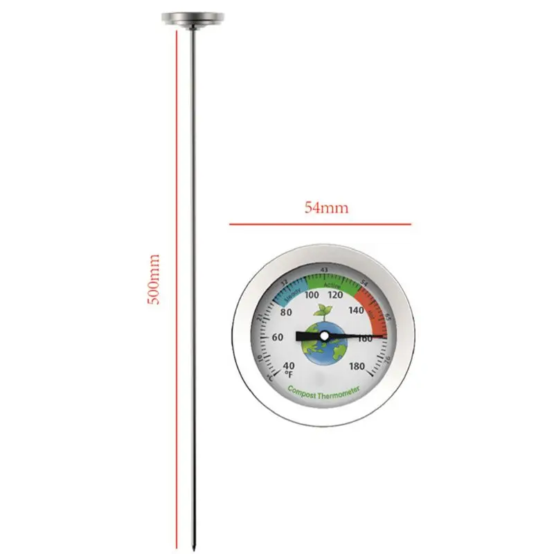 X37E 50 Edelstahl-Kompost-Boden-Thermometer, Celsius-Messung, Garten, Hof, 40–180 ℉ Zifferblatttemperatur