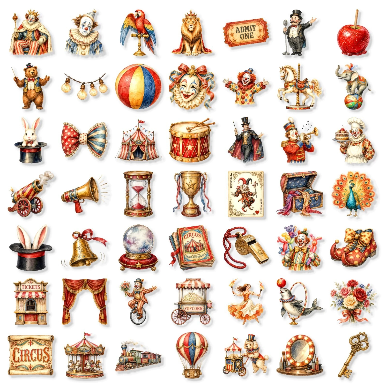 50-100 PCS Vintage Circus Stickers Clown Performance Stage Props Collage PET Waterproof Decals for Journal Laptop Phone Scrapboo