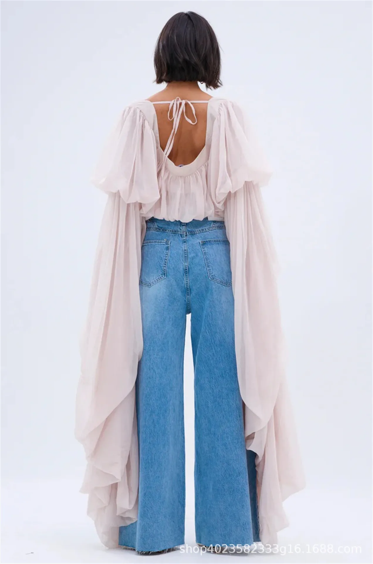 Square Neck Flowy Tunic Blouse Batwing Long Ruffle Maxi Cape Sleeve Loose Chiffon Blouse Women Boho Casual Elegant Flowy Shirt