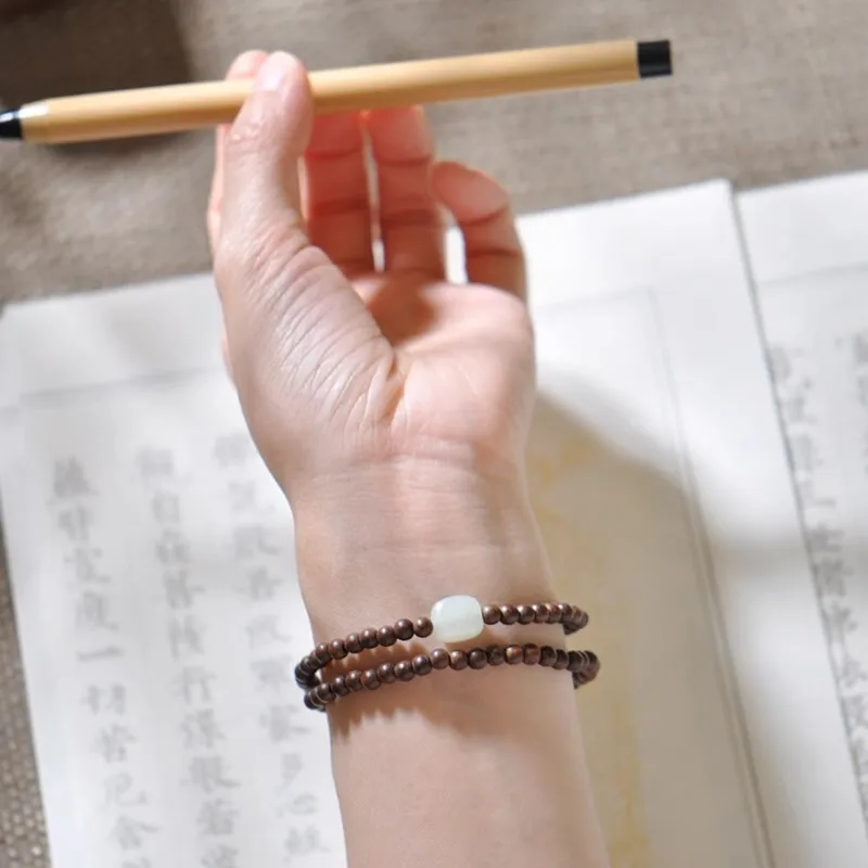 Golden 6M Thin Buddhist Bead Simple Hetian Jade Ancient Style Fresh Fairy Sandalwood Bracelet For Artistic Women HandString