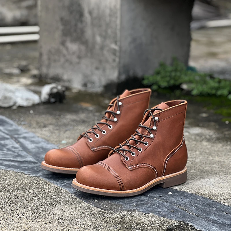 Crazy Horse Leather Goodyear Welded Work Boots Round Toe 4/3 Process Genuine Leather Retro Men's Boots