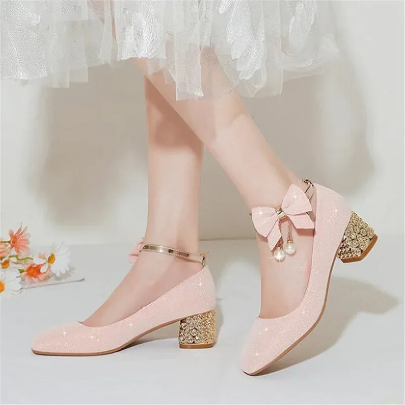 Zapatos de princesa para niña, zapato de rendimiento de cuero blanco, zapato de tacón alto de cristal para niños