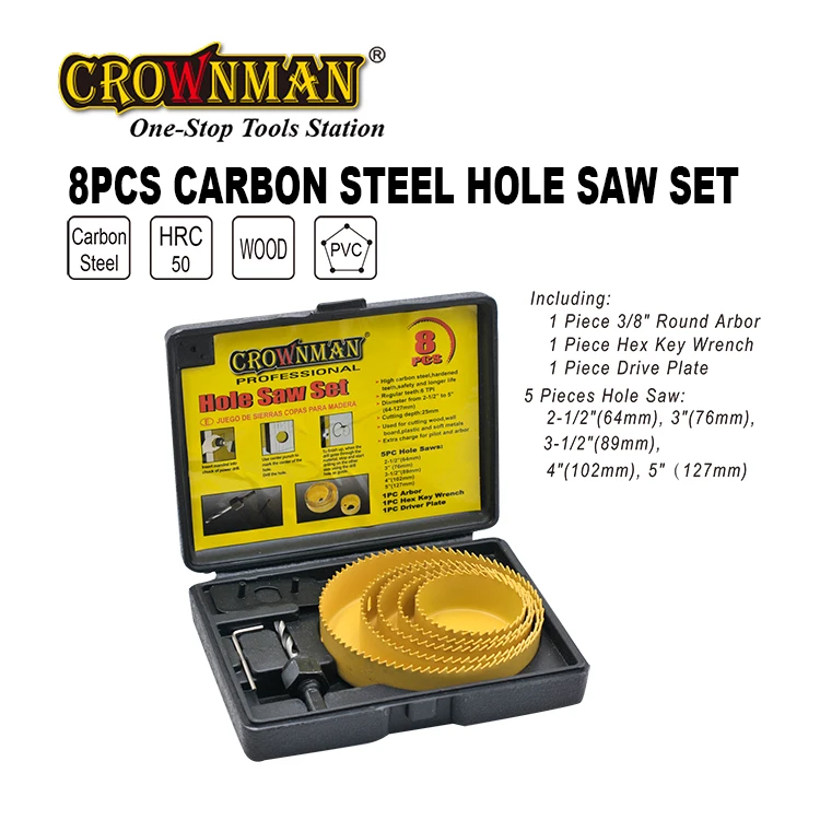 CROWNMAN 8PC Carbon Steel Wood Cutting Hole Saw Set From 64mm to 127mm for Wood