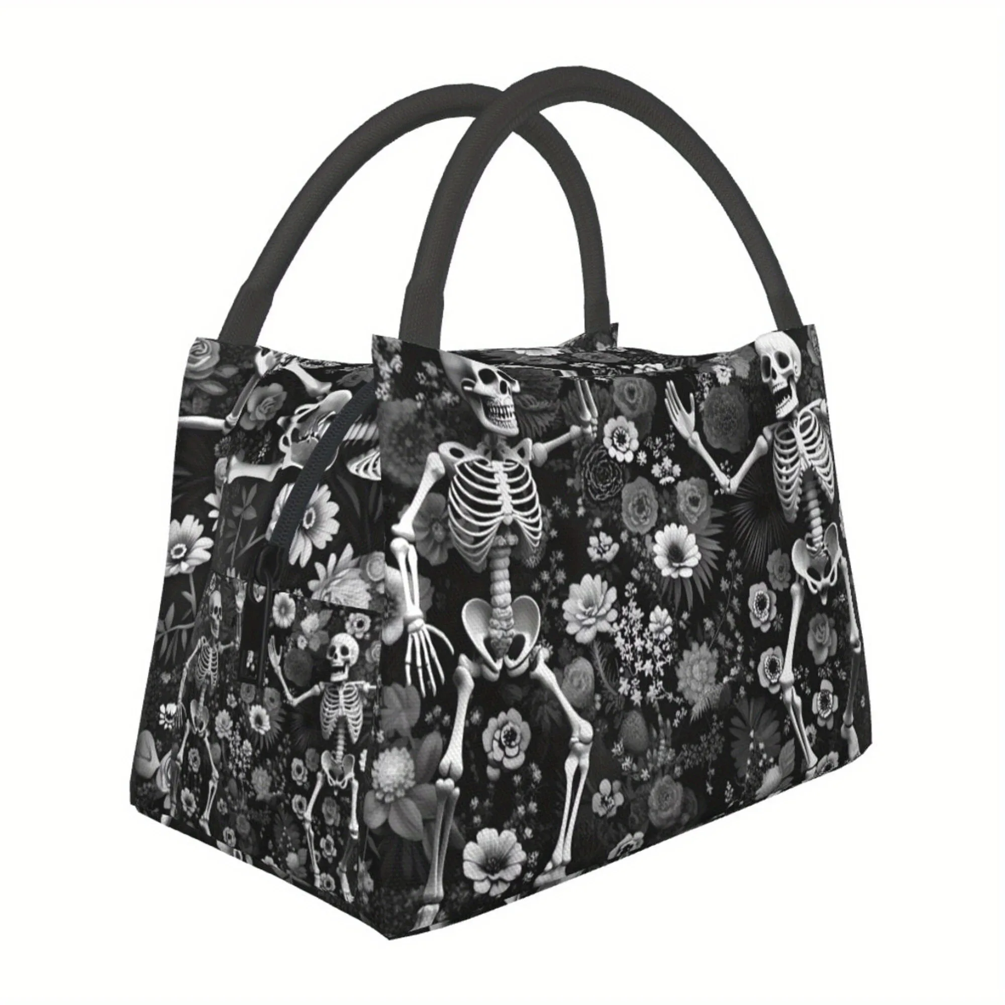 Skull Skeleton Print Insulated Lunch Bag Portable Reusable Cooler Bag for Picnic Office Travel Durable 600D Polyester Tote