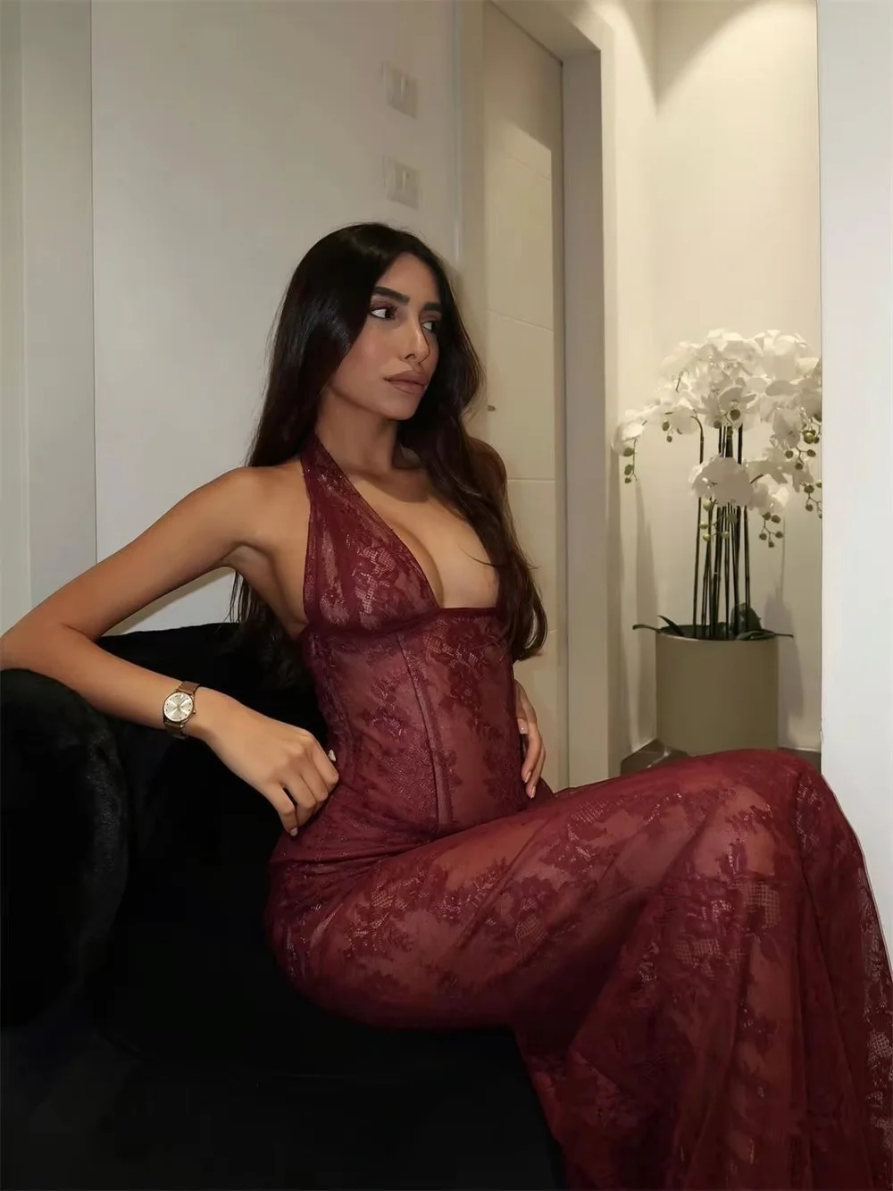 Ladies Halter V Neck Lace Evening Dresses Sleeveless Sheer Mesh Sheath Floor Length Formal Party Dresses For Women