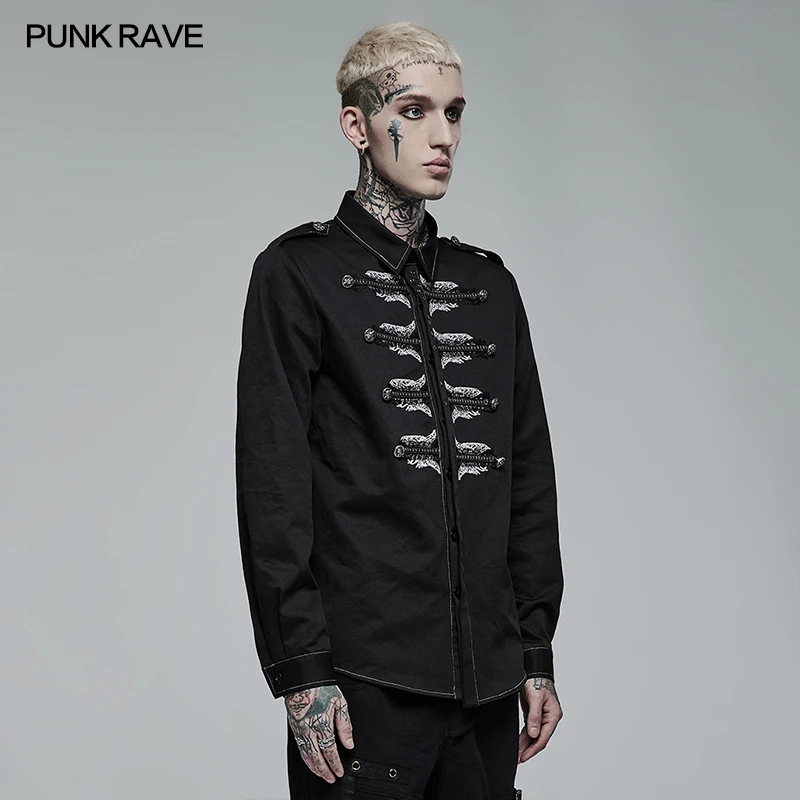 PUNK RAVE Men's Punk Personalized Skull Skeleton Embroidery Shirt Non-elastic Slim Personality Casual Black Tops Men Clothing