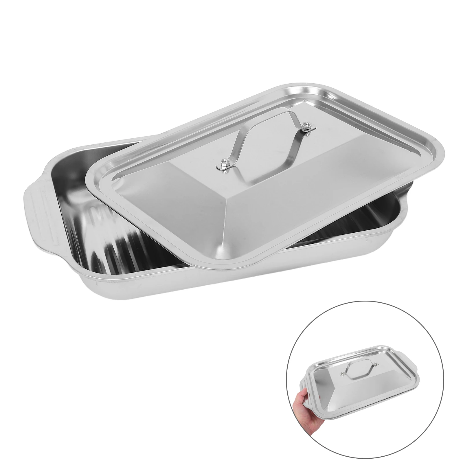 

Stainless Steel Fish Grilling Pan with Lid - Extra Thick Deep Rectangular Roasting Tray for Even Heat Distribution - Grill Pans