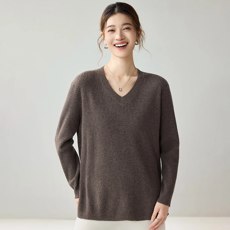 Women's 100% Cashmere Sweater Pullover Autumn WinterV‑Neck All‑Over Vertical Rib Texture Neat Rib Trims Earthy Soft Knit Top