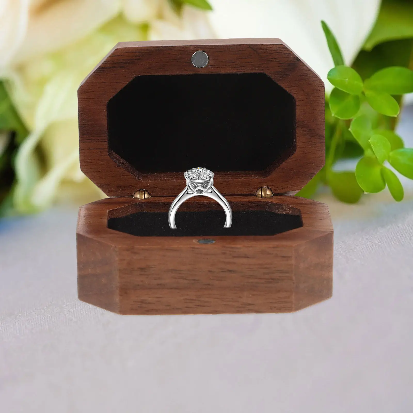 Elegant Wooden Ring Box Made of Premium Black Walnut for Engagement Ring Proposal Wedding Ceremony Jewelry Display and Travel