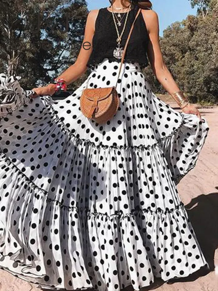 

Fashion Y2k Polka Dot Women Ruffle Maxi Skirt Summer 2025 High Waist Female Vintage Long Trend Bohemian Fairy Festival Clothes