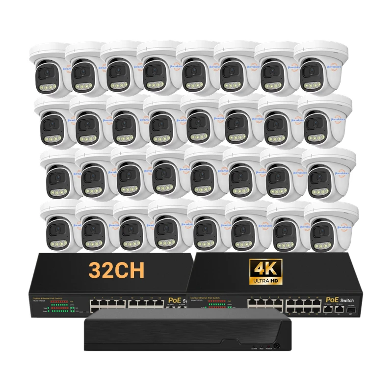 

Jianvision 4K 8MP PoE Dome Camera System 32-Channel Wide-Angle Color Night Vision Built-In Mic Remote View Mobile Phone via NVR