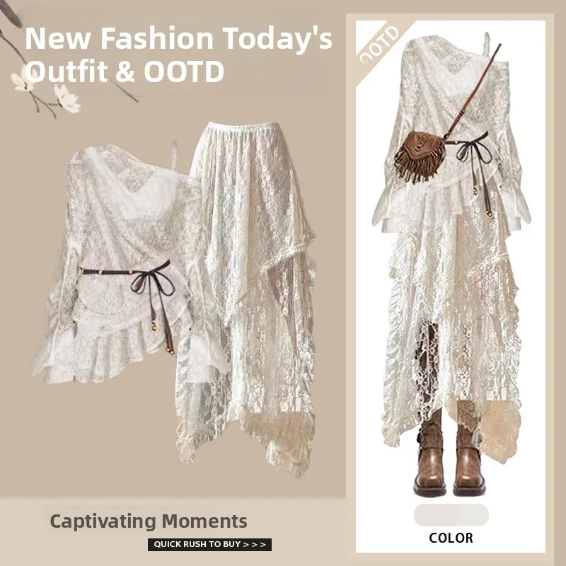 

N кружевной топ и юбка, комплект из двух предметов, весна-лето, женский этнический ансамбль Sle Faion, длинный повседневный наряд