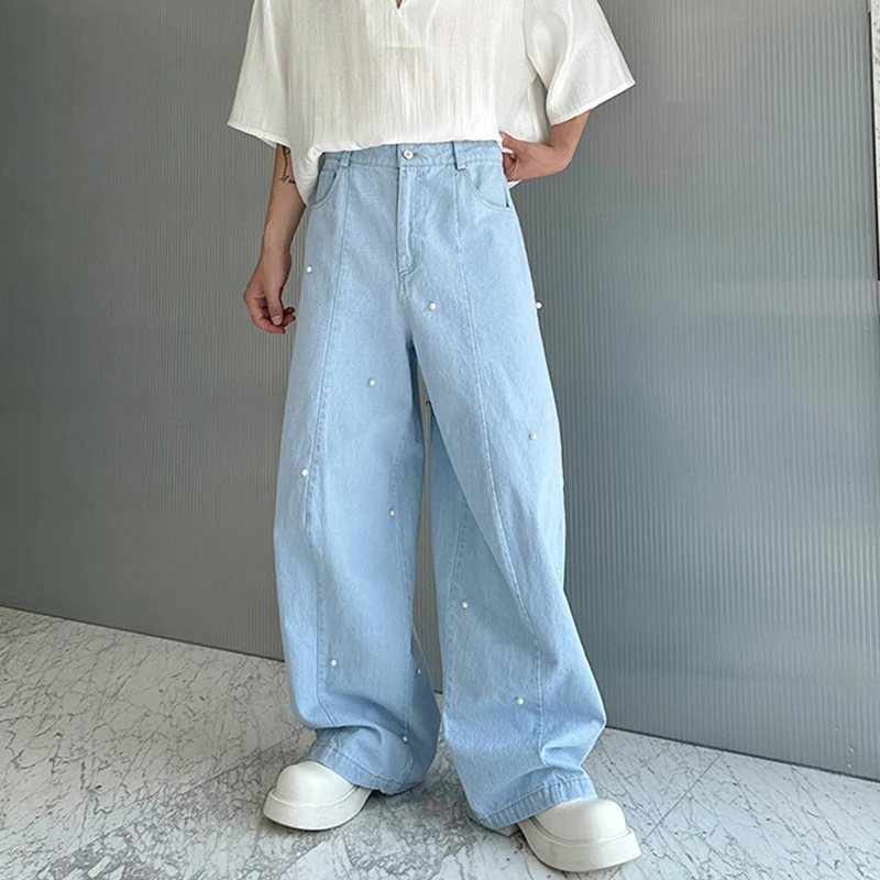 LUZHEN 2025 Stylish Plain Pearl Patchwork Design Casual Denim Pants Wide Leg Men's Street Baggy Trendy Straight Jeans New LZ3215