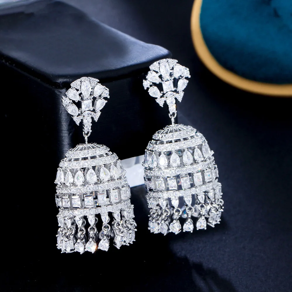 ThreeGraces Sparkling Cubic Zirconia Stone Silver Color Luxury Long Tassel Drop Earrings for Women Nigerian Party Jewelry E1075
