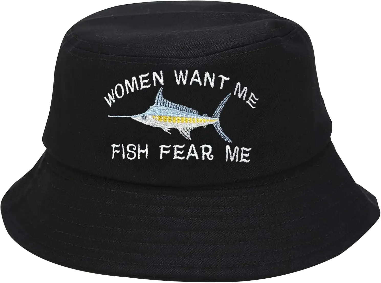 

Women Want Me Fish Fear Me Embroidered Bucket Hat