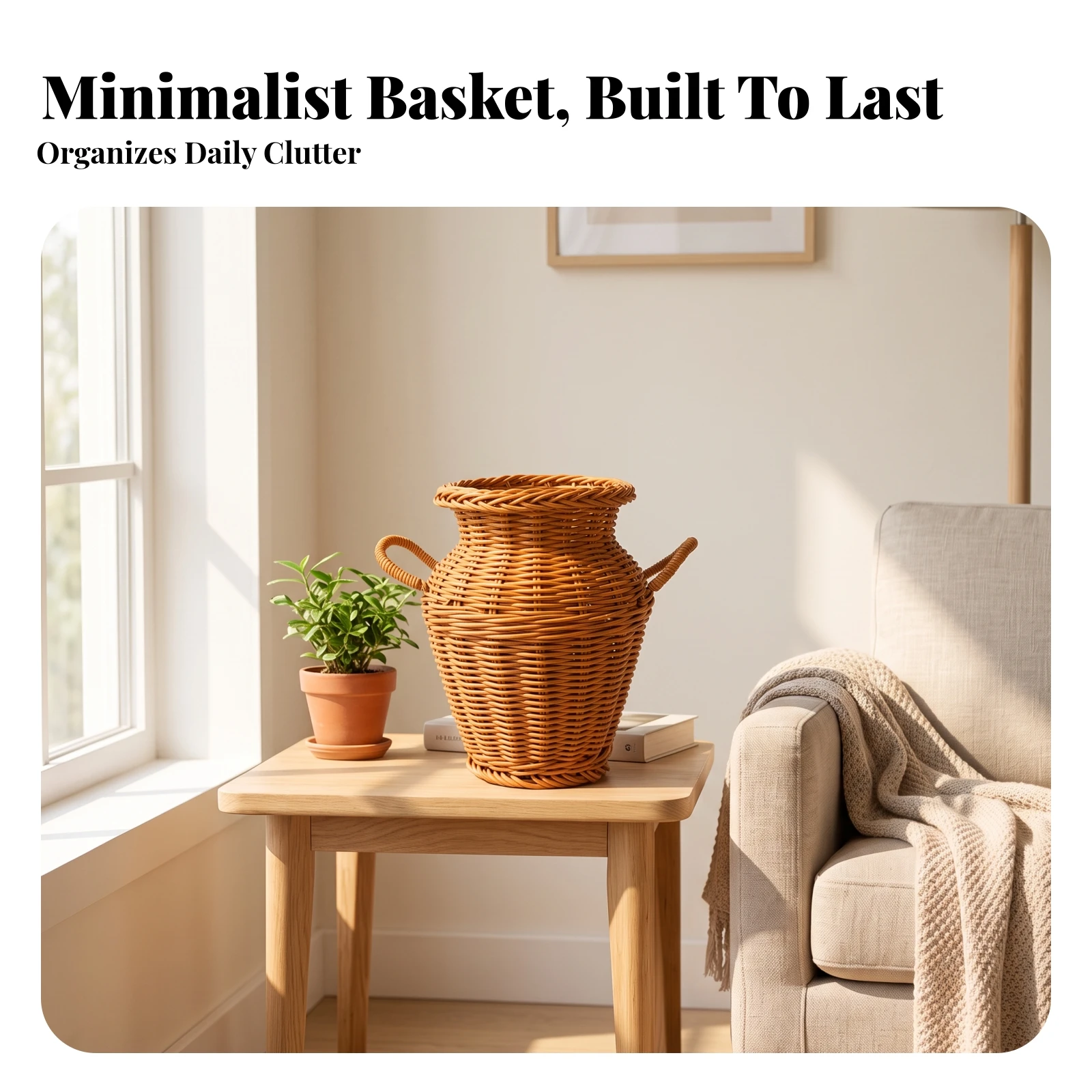 Woven Basket Vase with Handles Braided Vase with Double Handles Wicker Flower Basket Boho Vessel Sturdy for Tabletop, Shelf