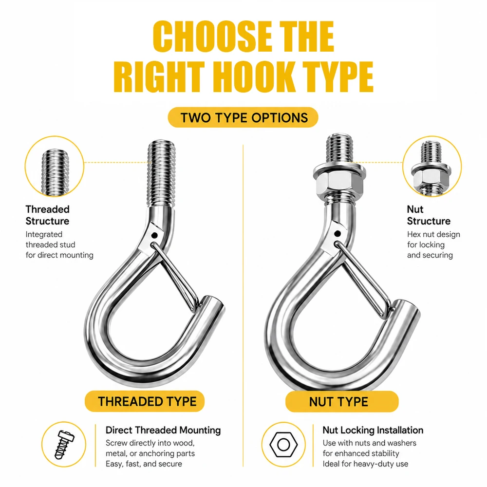 316 Stainless Steel Lifting Hook with Locking Buckle Threaded Nut Widely Used M3-M10 Safety Hook for Heavy-Duty Ships