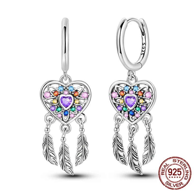 

925 Sterling Silver Hoop Starlight Dreamy Heart-Shaped Dreamcatcher Earrings for Women Pretty Wedding Holiday Jewelry Gifts