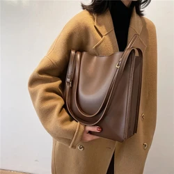 Bolso de mano Retro de cuero PU para mujer, bolsos de cubo de gran capacidad sólidos, bolsos de hombro simples, bolso de mano para mujer, moda informal